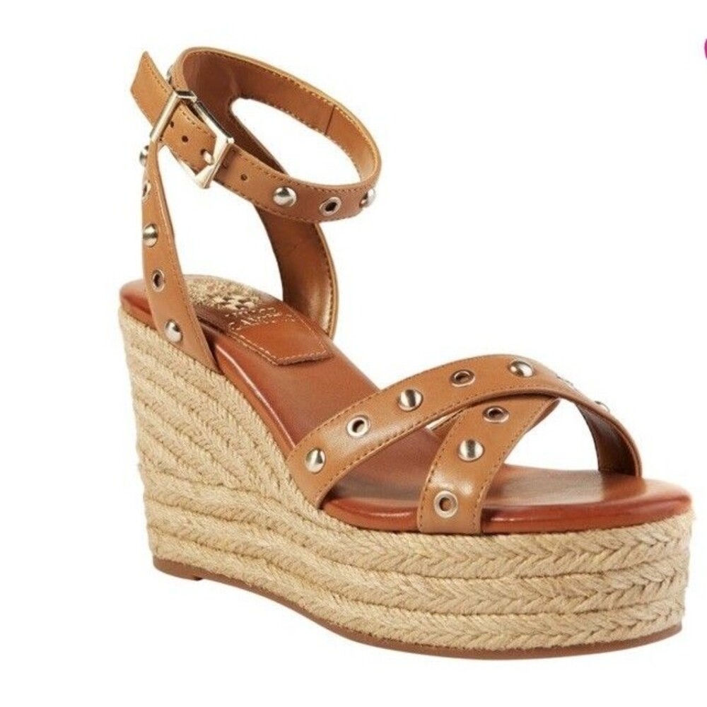 Vince Camuto Womens Brown Leather Open Toe Espadrille Wedge Sandals Sz 8.5M NEW